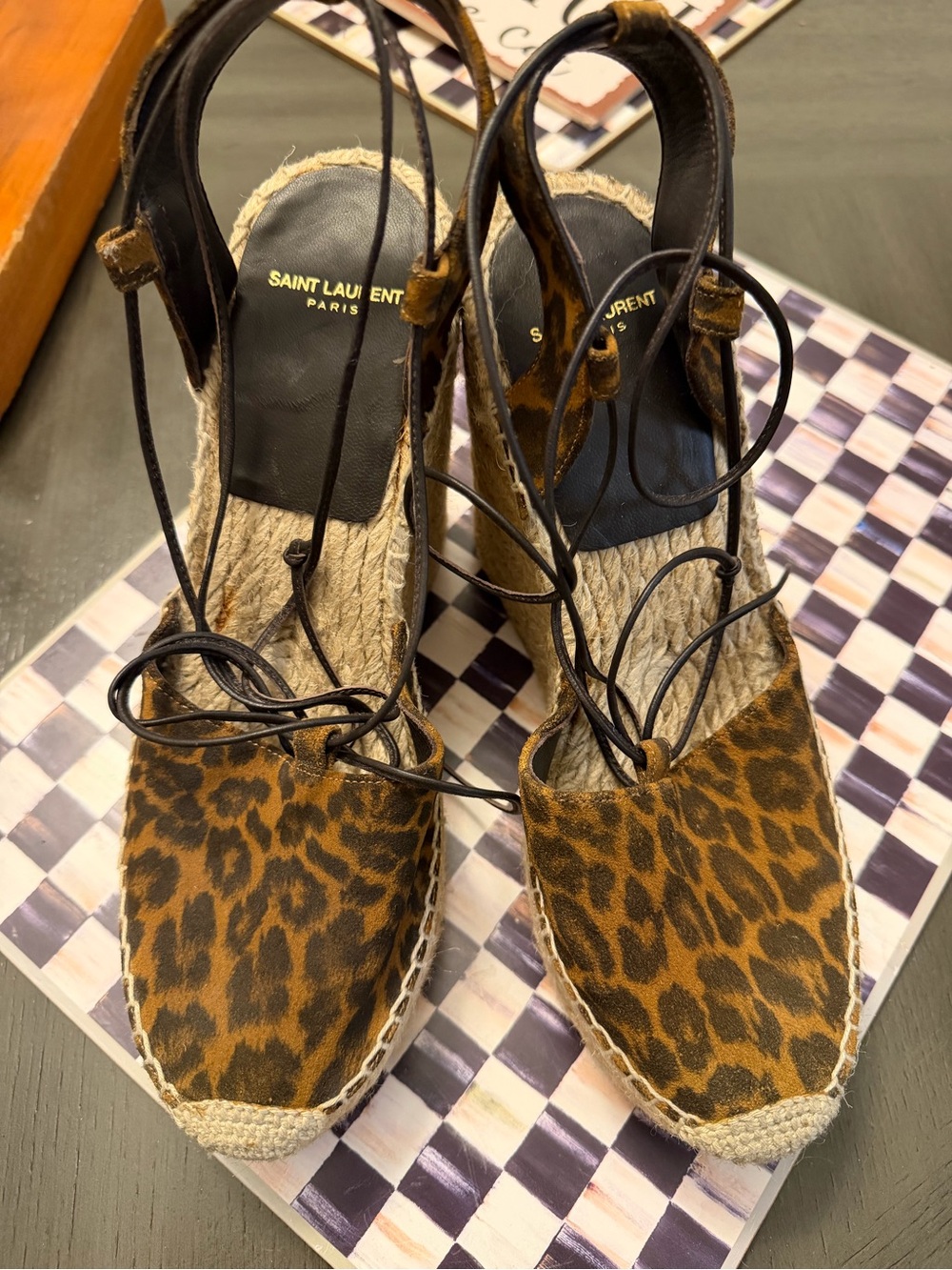 Saint Laurent Leopard Print Espadrilles with Black Leather Ankle Ties